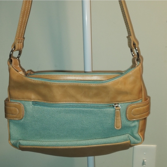 STONE MOUNTAIN SEA GREENISH BLUE CANVAS W/ TAN TRIM SHOULDER BAG & WALLET - Picture 3 of 16